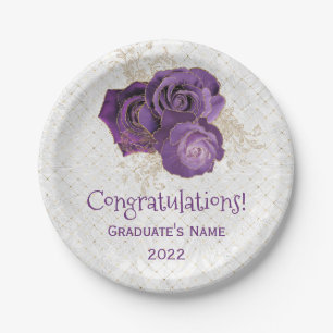 Elegant Purple Gold Rose Floral Graduation Paper Plate