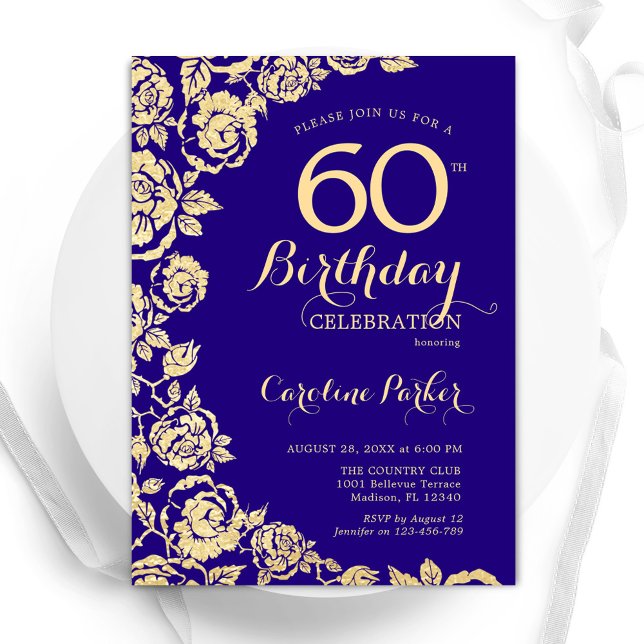 Elegant Purple Gold Roses 60th Birthday Invitation (Creator Uploaded)