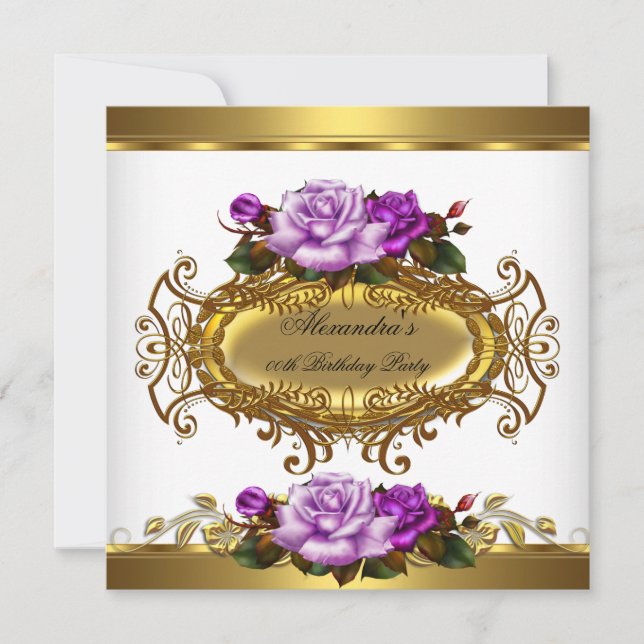 Elegant Purple Gold Roses Elite Birthday Party Invitation (Front)