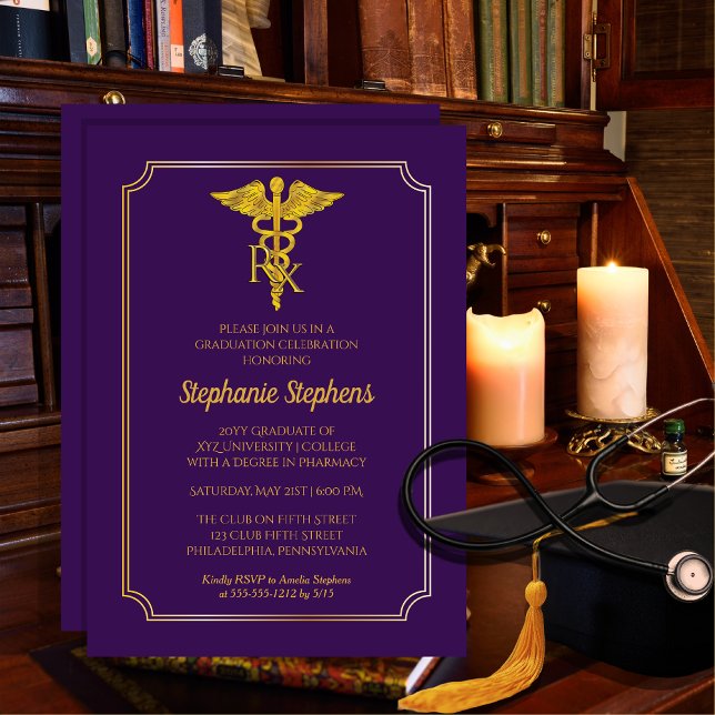 Elegant Purple | Gold Rx Pharmacy Graduation Party Invitation (Elegant Purple and Gold Tone Rx Pharmacy Pharmacist Graduation Announcement | Party Invitation)