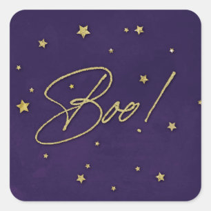 Elegant Purple+Gold Scattered Stars Boo! Halloween Square Sticker