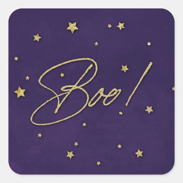 Elegant Purple+Gold Scattered Stars Boo! Halloween Square Sticker (Front)