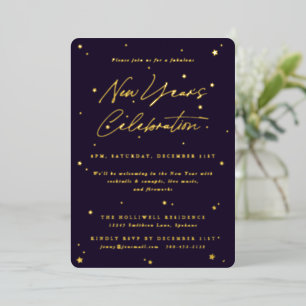 Elegant Purple+Gold Scattered Stars New Year Party