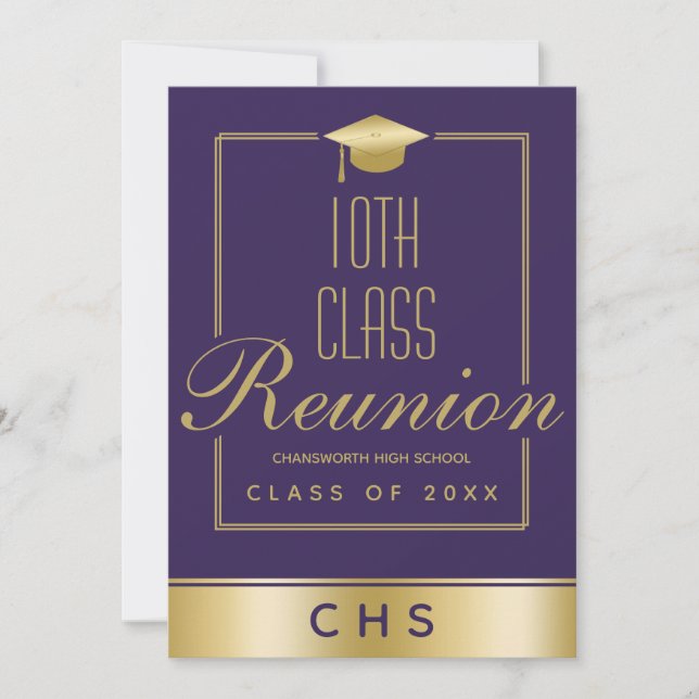 Elegant Purple Gold Script 10th Class Reunion Invitation (Front)