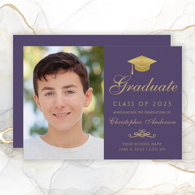 Elegant Purple Gold Script Cap Photo Graduation Announcement (Elegant Purple and Gold Photo  Graduation Announcement for boys.)