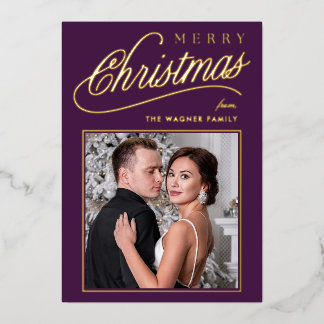 Elegant Purple & Gold Script Merry Christmas Photo