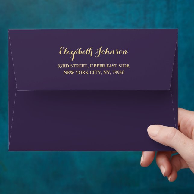 Elegant Purple Gold Script Name Return Address Envelope (Hand)