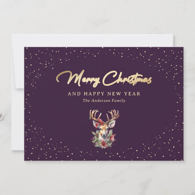 Elegant Purple Gold Snow Reindeer Merry Christmas Holiday Card (Front)
