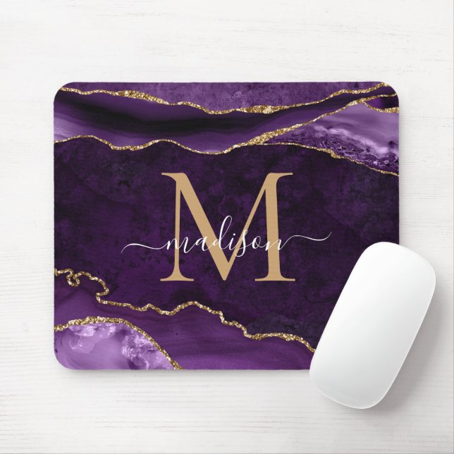 Elegant Purple Gold Sparkle Agate Geode Monogram Mouse Pad (With Mouse)