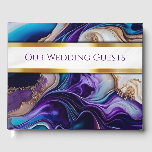 Elegant Purple, Gold, & Teal Wedding Guest Book (Front)