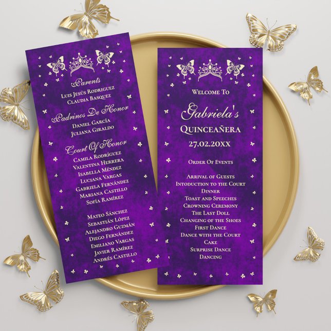 Elegant Purple Gold Tiara Butterflies Quinceañera Programme (Elegant Purple Gold Tiara Butterflies Quinceañera Program)