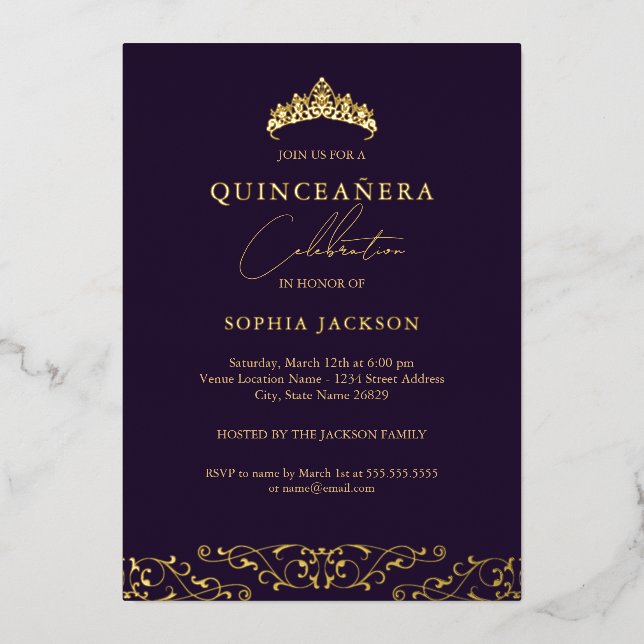 Elegant Purple Gold Tiara Script Quinceanera (Front)