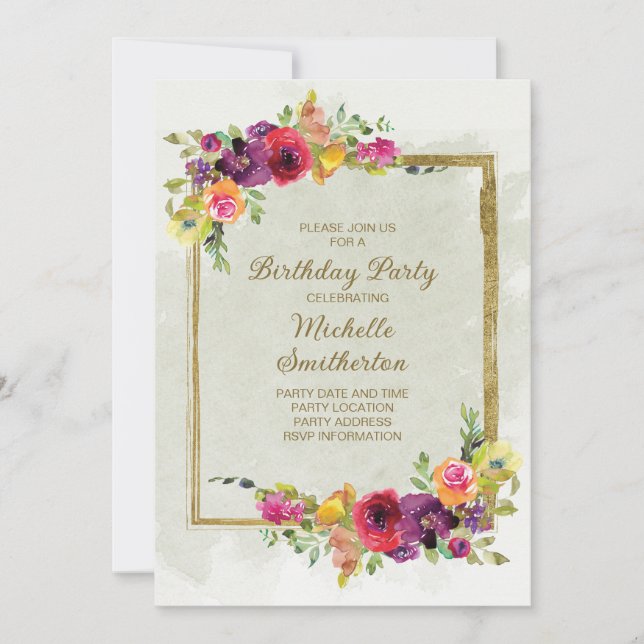 Elegant Purple Gold Vintage Floral Birthday  Invitation (Front)