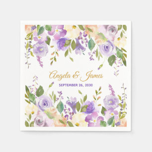 Elegant Purple Gold Watercolor Floral Wedding Napkin