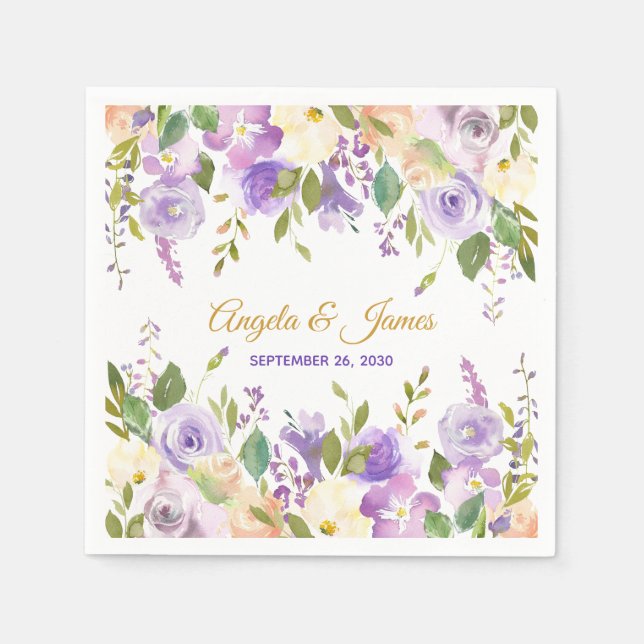 Elegant Purple Gold Watercolor Floral Wedding Napkin (Front)