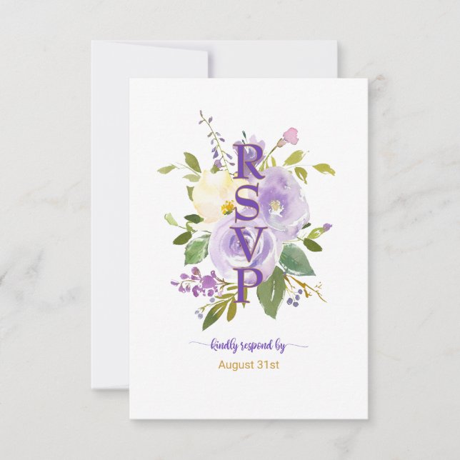 Elegant Purple Gold Watercolor Floral Wedding RSVP Card (Front)