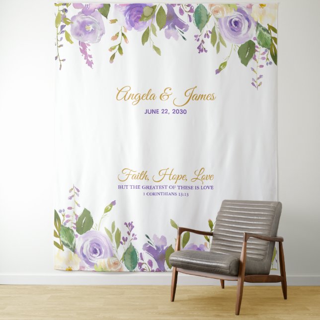 Elegant Purple Gold Watercolor Floral Wedding Tapestry (In Situ)