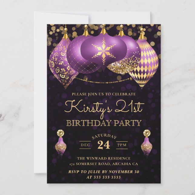 Elegant Purple & Gold Winter Baubles 21st Birthday Invitation (Front)