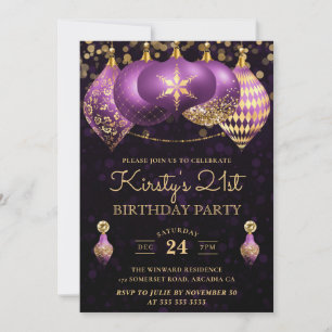 Elegant Purple & Gold Winter Baubles 21st Birthday Invitation
