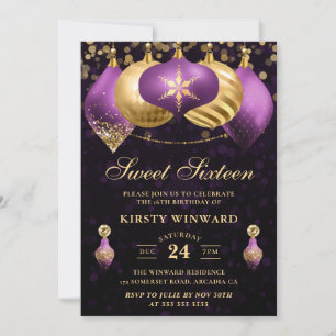 Elegant Purple & Gold Winter Baubles Sweet 16 Invitation