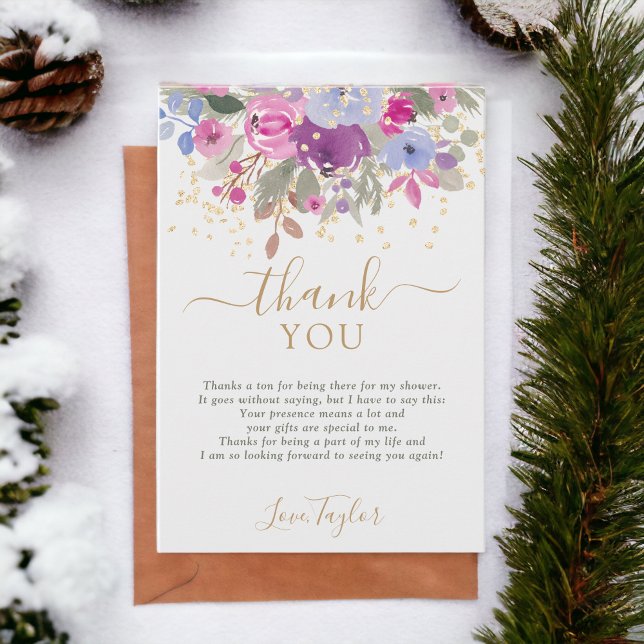 Elegant Purple Gold Winter Floral Bridal shower Thank You Card (Elegant Purple Gold Winter Floral Bridal shower Thank You Card)