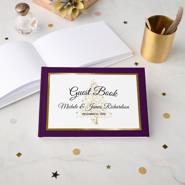 Elegant Purple Gold Winter Holiday Wedding Guest Book (Front Open)