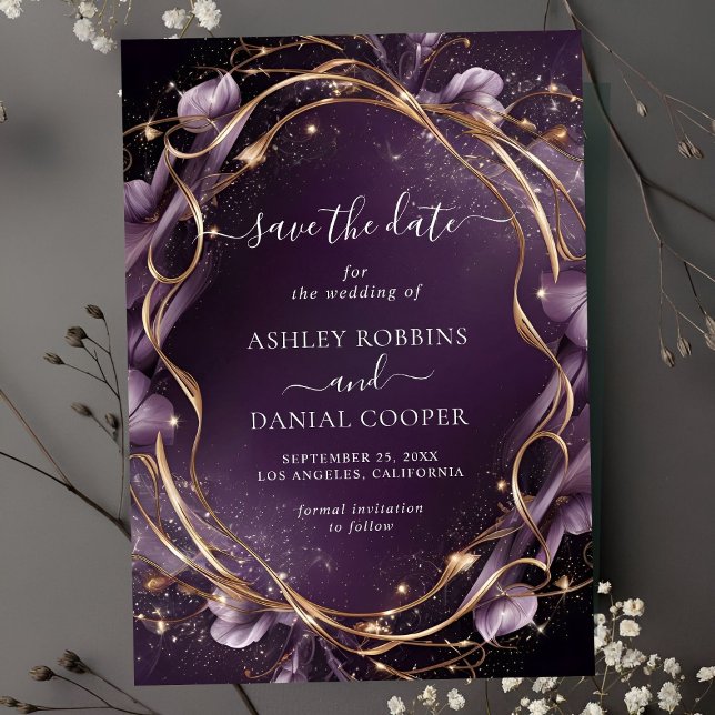 Elegant Purple Golden Floral Frame Save The Date Invitation (Creator Uploaded)