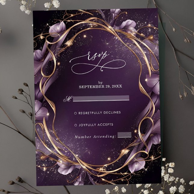 Elegant Purple Golden Floral Frame Wedding RSVP Card (Creator Uploaded)
