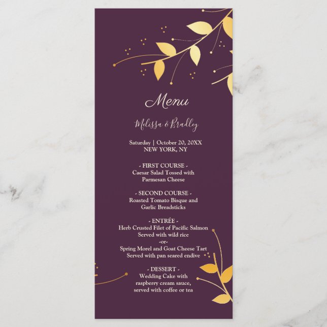 Elegant Purple Golden Leaves Wedding Menu (Front)