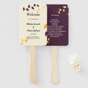 Elegant Purple Golden Leaves Wedding Program Hand Fan