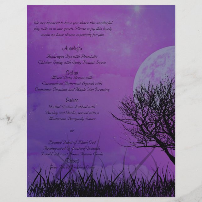 Elegant Purple Gothic Night Posh Wedding Menu (Front)