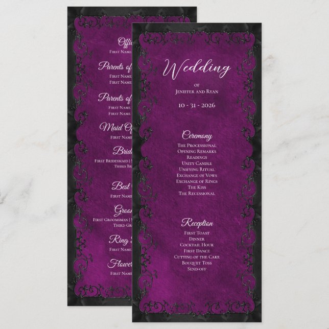 Elegant purple Gothic Wedding Program Menu (Front/Back)