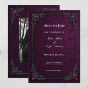 Elegant purple Gothic wedding save the date Announcement