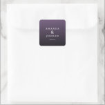 Elegant Purple Gratitude Card Square Sticker<br><div class="desc">This elegant wedding sticker features a gradient purple background with clean, modern typography. The design showcases two names in bold, uppercase letters, separated by an ampersand, and includes a subtle "thank you" message at the bottom. Its minimalist style exudes sophistication and gratitude, making it perfect for expressing appreciation at formal...</div>