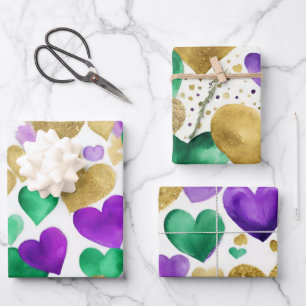 Elegant Purple, Green and Gold Hearts Mardi Gras Wrapping Paper Sheet