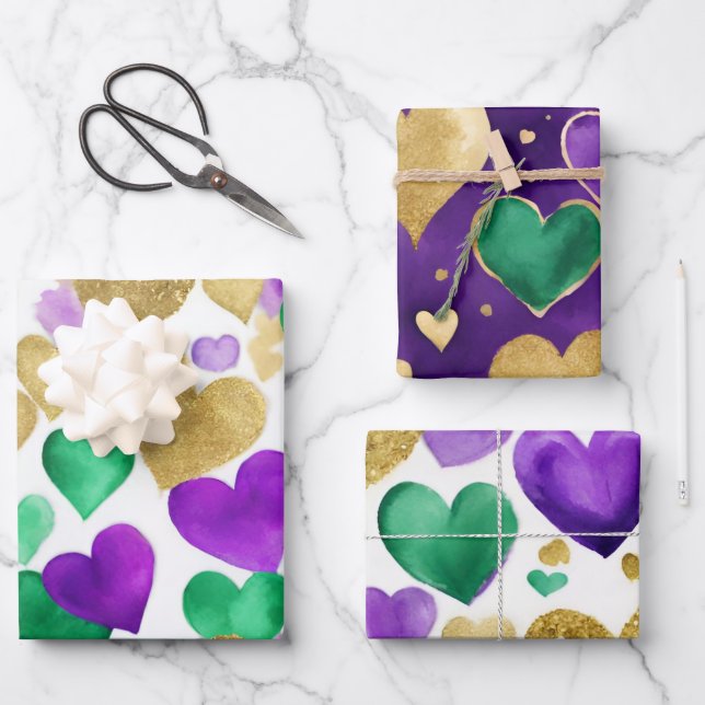 Elegant Purple, Green and Gold Hearts Mardi Gras Wrapping Paper Sheet