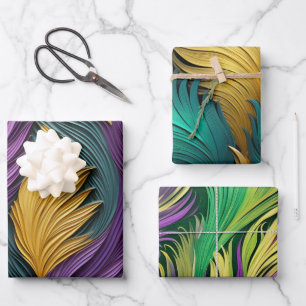 Elegant Purple, Green and Gold Mardi Gras Feathers Wrapping Paper Sheet