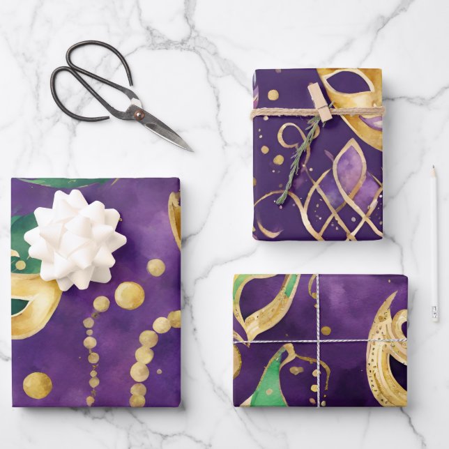 Elegant Purple, Green and Gold Masks Mardi Gras Wrapping Paper Sheet (Front)