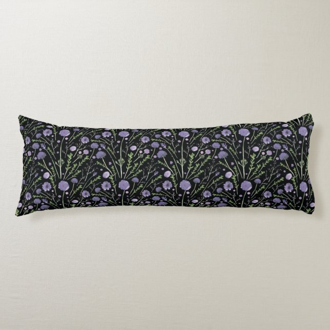 Elegant Purple Green Black Watercolor Flowers Body Cushion (Front)