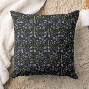 Elegant Purple Green Black Watercolor Flowers Cushion