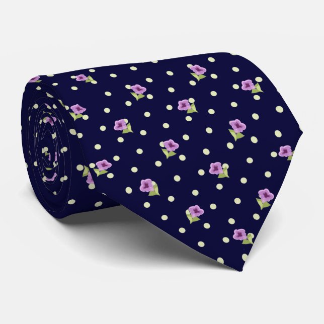 Elegant Purple Green on Navy Blue Floral Pattern Tie (Rolled)