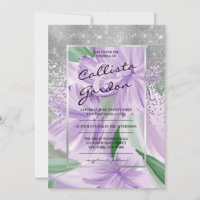 Elegant Purple Green Silver Floral Glitter Wedding Invitation (Front)