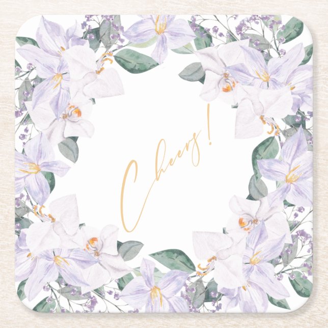 Elegant Purple & Greenery Watercolor Cheers!  Square Paper Coaster (Front)