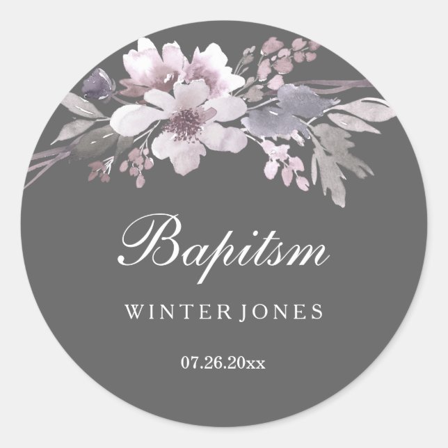 Elegant Purple Grey Floral Baptism Sticker (Front)