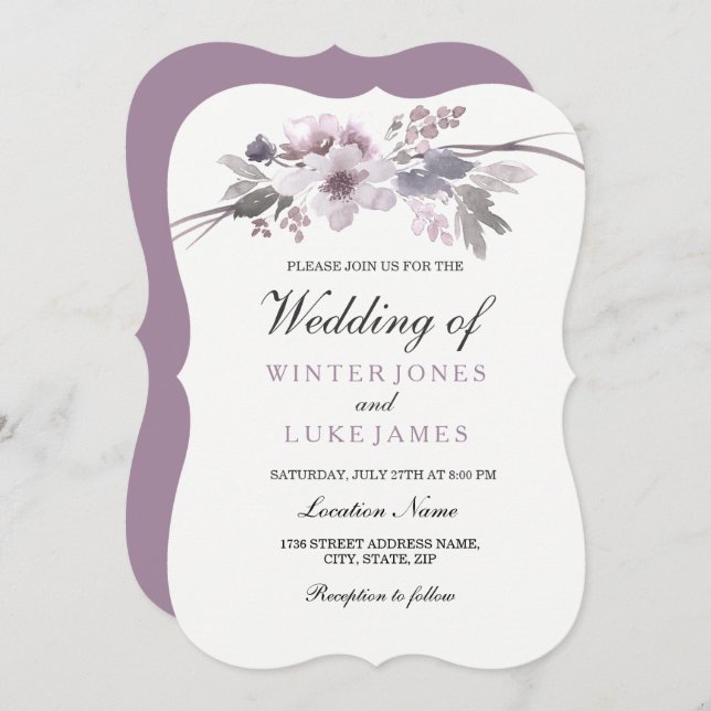 Elegant Purple Grey Floral Wedding Invite (Front/Back)