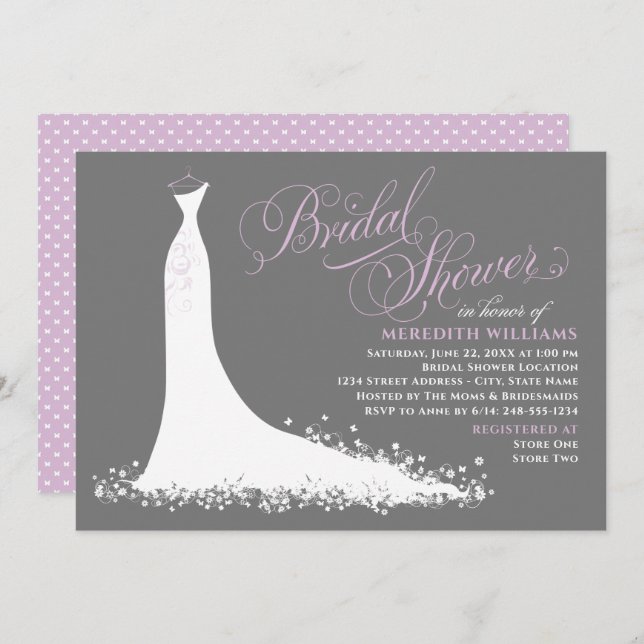 Elegant Purple Grey Wedding Gown Bridal Shower Invitation (Front/Back)