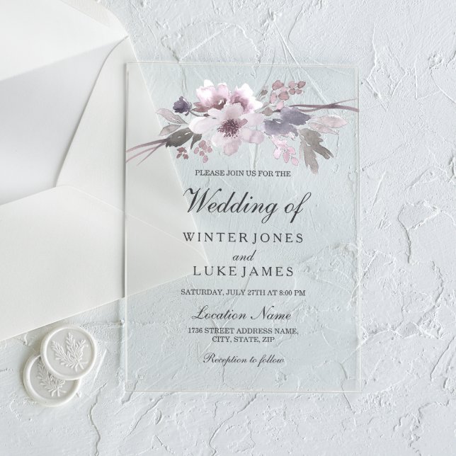 Elegant Purple Grey Winter Floral Wedding Acrylic Invitations (Creator Uploaded)
