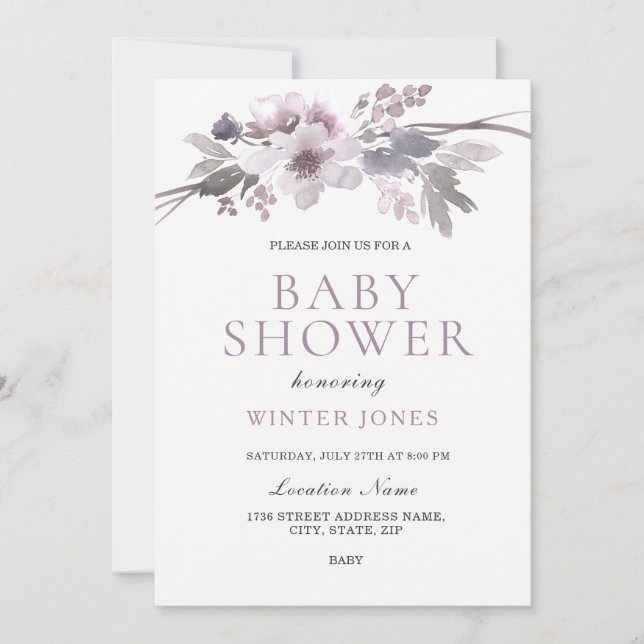 Elegant Purple Grey Winter Flowers Baby Shower Invitation (Front)