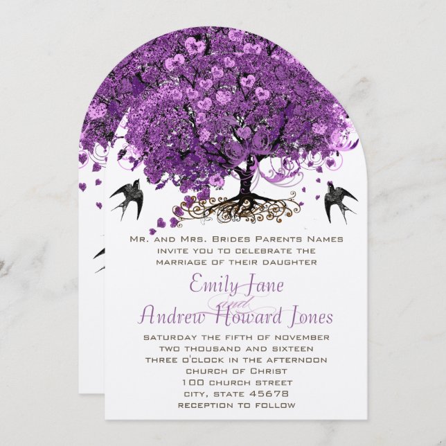 Elegant Purple Heart Leaf Tree Wedding Invitation (Front/Back)