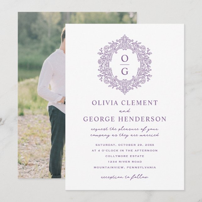 Elegant Purple Heirloom Crest Wedding Invitation (Front/Back)